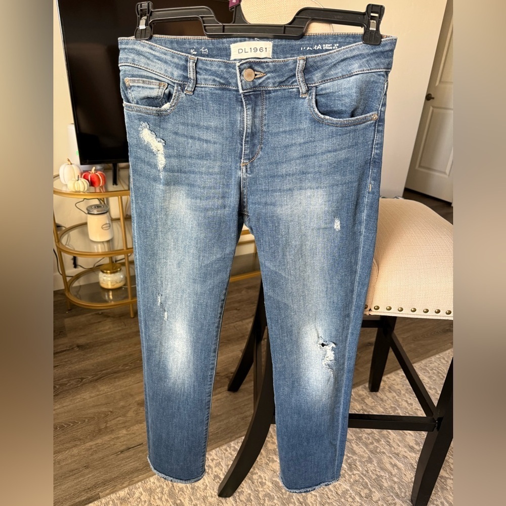 DL1961 Light Blue Distressed Cotton Skinny Jeans, 28